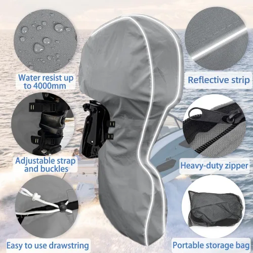 Vista 4 de Cubierta completa para motor fuera de borda 600D, resistente a la decoloración y a las grietas, impermeable y a prueba de rayos UV, cubierta