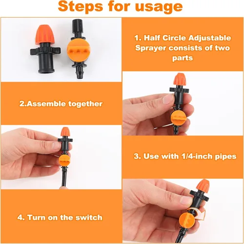 Vista 3 de 10 cabezales de micro aspersor de 180 grados, emisores de pulverización de riego por goteo ajustables para tubos de 1/4 de pulgada, goteros de flujo