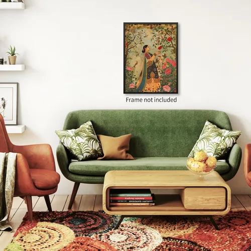 Vista 5 de Haitunone Arte de pared de mujer india paquistaní tradicional, póster de pintura floral feminista estilo mogol, impresiones en lienzo para sala