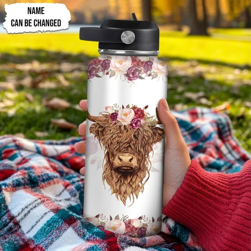 Vista 2 de Hyturtle Botella de agua personalizada de vaca Highland, botella de acero inoxidable aislada con tapa a prueba de fugas, 18 onzas, 32 onzas, regalo