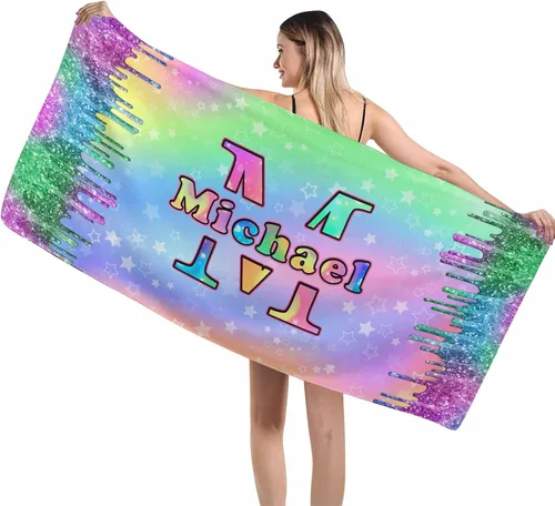 Vista 16 de MyPupSocks Toalla colorida personalizada para niños – Color arcoíris personalizada para viajes, playa, piscina y toallas de baño, toalla con nombre