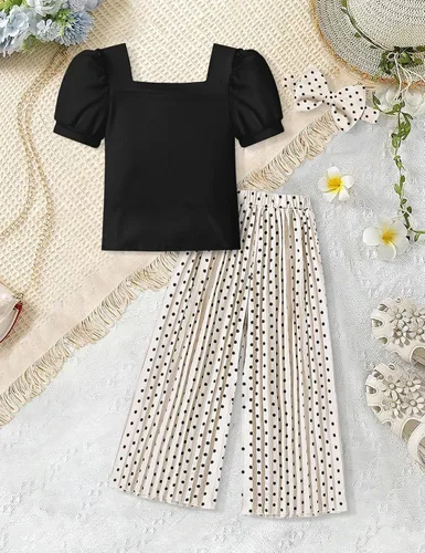 Vista 63 de DONWEN Conjunto de 3 piezas de ropa para niñas pequeñas y niñas con cuello cuadrado + pantalones elegantes + diadema para primavera y verano