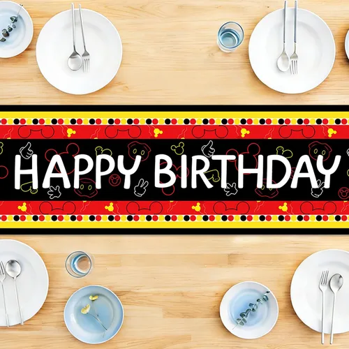 Vista 3 de Camino de mesa de feliz cumpleaños, negro, rojo, amarillo, ratón, tela de poliéster, decoración de mesa de comedor para decoración de fiesta