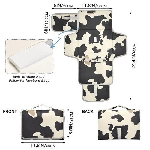 Vista 4 de Cambiador de pañales portátil con estampado de vaca beige y negro, impermeable, plegable, tapete cambiador de pañales de viaje para bebés, regalos
