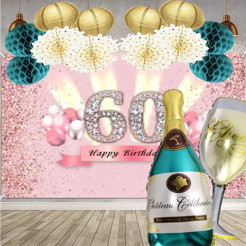 Vista 5 de Decoraciones de cumpleaños número 60 para mujer, cartel de fondo de feliz cumpleaños, cartel de tela para fiesta de aniversario de 60 años, póster