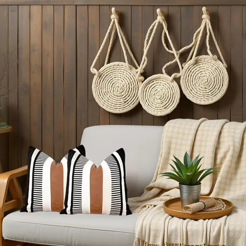 Vista 2 de Juego de 2 fundas de almohada bohemias a rayas de 16 x 16 pulgadas, fundas de almohada de cuero modernas para sofá, cama, decoración de granja