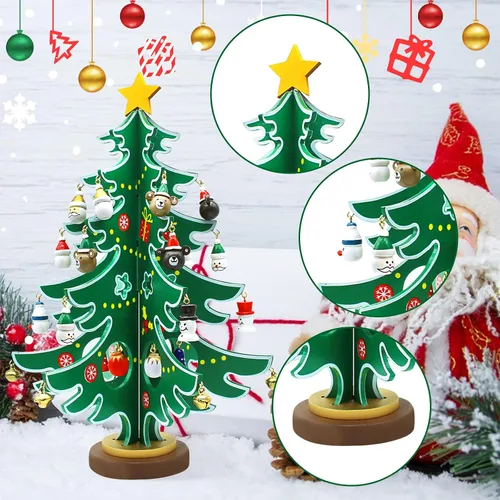 Vista 3 de Decoración de escritorio de Navidad de madera, calendario de Adviento de árbol de Navidad, decoraciones de mesa de Navidad con adornos