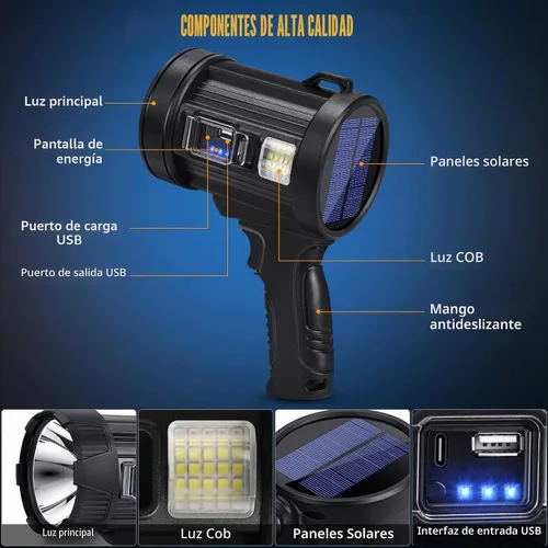 Vista 8 de Foco recargable, 99000 lúmenes, linterna LED brillante, reflector de luz de larga duración, focos de mano para exteriores con paneles solares