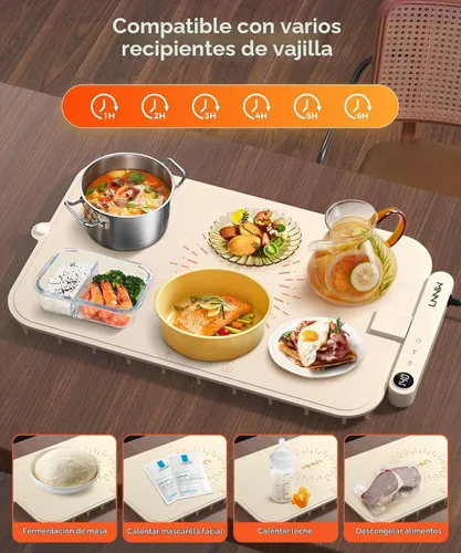 Vista 6 de Tapete impermeable para calentar alimentos, bandeja de calefacción eléctrica que cambia de color con control de temperatura de 6 niveles