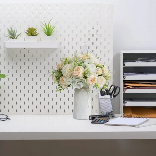 Vista 7 de LESING Peonía artificial con florero, ramos de flores de seda, hortensias falsas a granel para el hogar, centros de mesa, decoración de boda