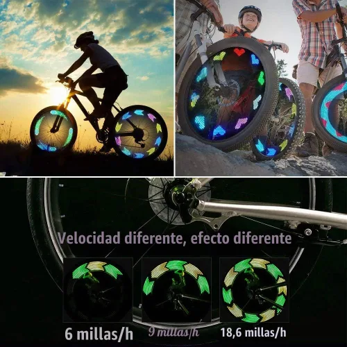 Vista 6 de Solhice 2 luces LED recargables para ruedas de bicicleta, luces impermeables para radios de bicicleta, 30 patrones de luces de neumáticos