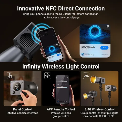 Vista 7 de NEEWER 60W Mini Luz de Vídeo LED con Batería de 50Wh/Carga Rápida PD de 100W, Control APP/2.4G/NFC, Iluminación Continua de Estudio COB Ajustable