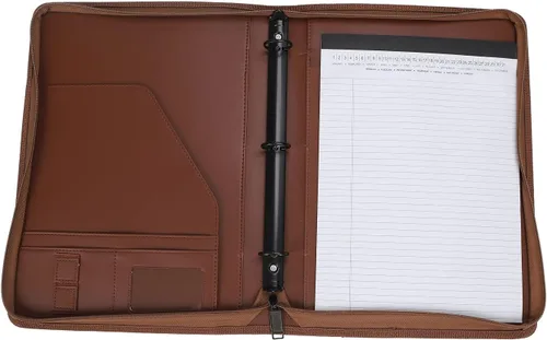 Vista 5 de portafolio con cremallera de 3 anillos, organizador de carpeta con bloc de notas tamaño carta legal - Portafolio de PU de cuero con organizador