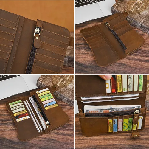 Vista 7 de Genuino caballo loco cuero viaje regalo moneda bolsillo tarjeta caso largo organizador cadena Rfid monedero con broche para hombres hombres 1088