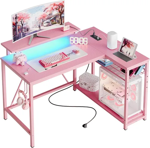 Vista 12 de Bestier - Escritorio de juegos con tomas de corriente, escritorio para computadora de 42 pulgadas en forma de L con luces LED, escritorio