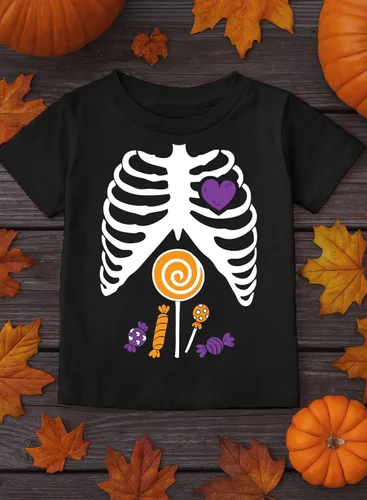Vista 6 de Camisa de esqueleto con hilo dental con cabeza de calabaza, para danza, divertidas camisas de Halloween para jóvenes, niños y niñas