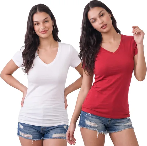 Vista 88 de Emmalise Camiseta de manga corta para mujer, cuello en V, tallas junior y plus