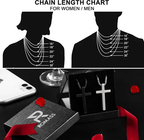 Vista 6 de 2 collares de cruz para hombre, colgante de acero inoxidable, cadena de cruces plateadas, negras, caja de regalo para niños de 16 a 30 pulgadas