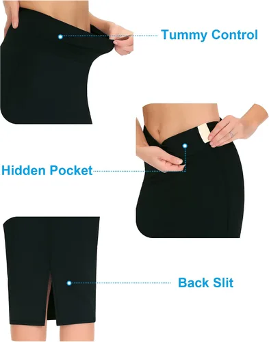 Vista 4 de THE GYM PEOPLE Faldas de tubo de cintura alta con control de abdomen para mujer, falda por debajo de la rodilla con abertura trasera