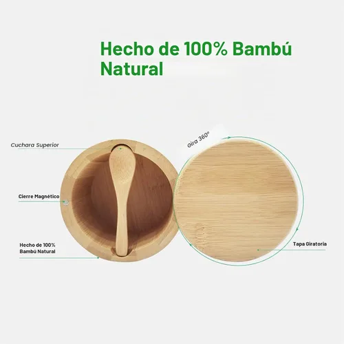 Vista 4 de ThougrLyh Caja de sal de bambú Recipiente de sal con tapa giratoria y cuchara Pequeño recipiente de especias con etiqueta Capacidad de 8 onzas