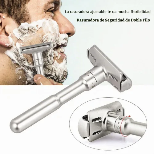 Vista 2 de River Lake RZ700 - Maquinilla de afeitar de seguridad clásica ajustable con mango largo (Razor con funda protectora y soporte)