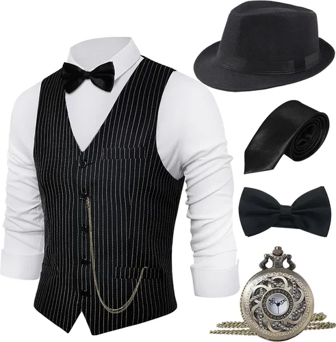 Vista 7 de BABEYOND - Disfraz de hombre de los años 1920, set de accesorios para disfraz de gángster de Gatsby con chaleco vintage, corbata, reloj de bolsillo