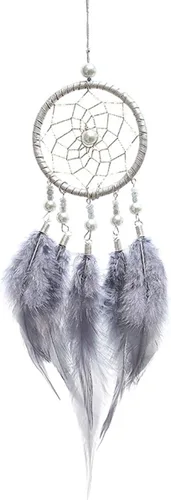 Vista 2 de Atrapasueños para automóvil, espejo retrovisor de plumas pequeñas, atrapasueños para colgar en la pared, accesorios decorativos para mujer (gris)