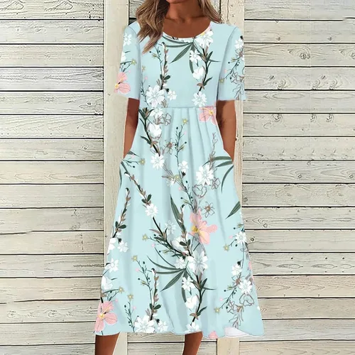 Vista 2 de Vestidos de verano para mujer, diseño floral, casual, cuello en V, botones, manga corta, vestido midi con bolsillos, holgado, vestidos de playa