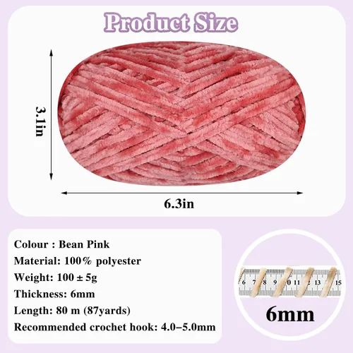 Vista 2 de 4 piezas de 400g de hilo de terciopelo chenilla suave para tejer a ganchillo, hilo esponjoso y cálido para tejer y ganchillo, manualidades DIY Rosa