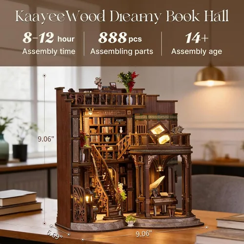 Vista 2 de Kit de rincón de libros, rompecabezas de madera 3D en miniatura, sujetalibros con luz LED, decoración de estantería de flor de cerezo para libros