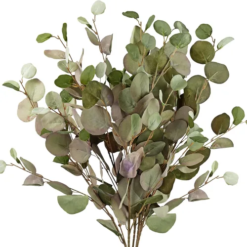 Vista 11 de 6 tallos de hojas de seda artificial de eucalipto de aspecto realista para centros de mesa, ramos de relleno (lavanda anguida)