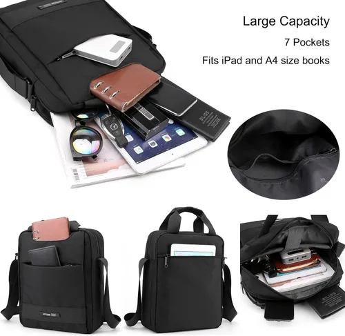 Vista 3 de zhongningyifeng Bolso bandolera de nailon para hombre, A4, impermeable, casual, negro, para trabajo, viajes, al aire libre, Negro