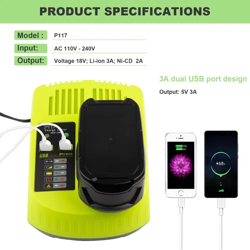 Vista 4 de Reemplazo Ryobi P117 P118 P119 Cargador de química dual Li-ion y Ni-cad Ni-Mh Cargador de batería 12V 18V MAX para batería Ryobi One+ Plus 1400670