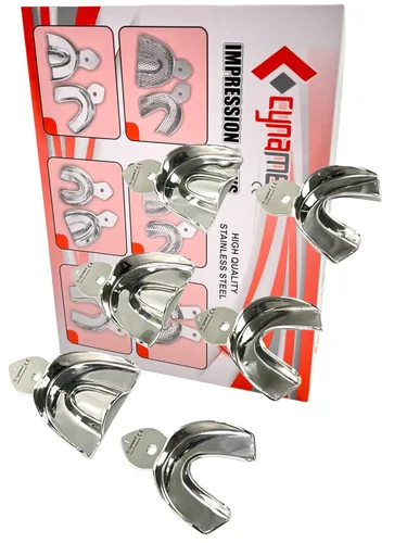 Vista 4 de Cynamed - Juego de 6 bandejas de impresión dental alemanas de acero inoxidable, 6 unidades, pequeñas, medianas, grandes, superiores e inferiores