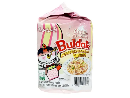 Vista 2 de Samyang - Ramen Buldak sabor pollo picante, paquete de fideos instantáneos fritos coreanos con crema carbonara, 1 bolsa con 5 paquetes, 4.93 onzas