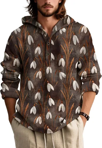 Vista 5 de Sudadera con capucha con estampado bohemio para hombre, de otoño, a la moda, con un cuarto de botón, manga larga, holgada, con capucha, de gran