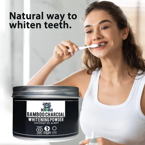 Vista 3 de BOONBOO Polvo blanqueador de dientes de carbón de bambú con aceite de coco y menta, lata de aluminio, 2 onzas