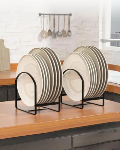 Vista 3 de LINFIDITE Paquete de 2 soportes organizadores de platos de cocina para gabinete, ahorrador de espacio, estante de almacenamiento de platos Negro
