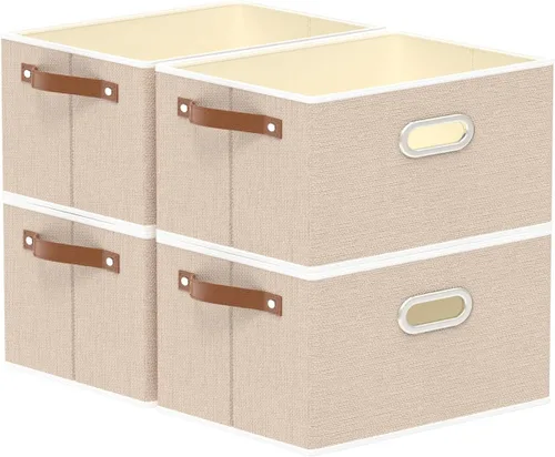 Vista 23 de Yawinhe Cestas de almacenamiento de tela, organizador plegable de armario para estantes, cajas grandes con 3 asas, contenedores de lona para ropa