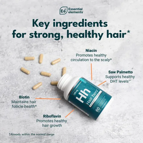 Vista 3 de Essential Elements Hair Hero - Vitaminas para el cabello para hombres - Soporte de amplio espectro con 5000 mcg de biotina - 60 unidades - 30