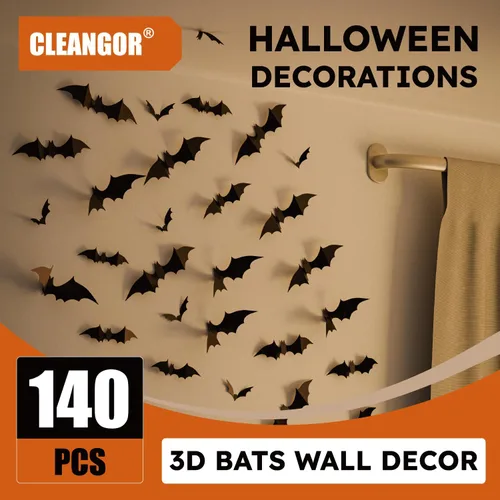 Vista 9 de CLEANGOR 140 piezas de murciélagos para decoración de Halloween, suministros de fiesta de Halloween, calcomanías de pared de murciélagos 3D, bonitas
