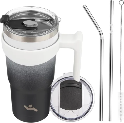 Vista 82 de Konokyo - Vaso de 10 onzas con asa y 2 popotes, 2 tapas, botella de agua aislada de acero inoxidable, taza de viaje reutilizable, color verde militar