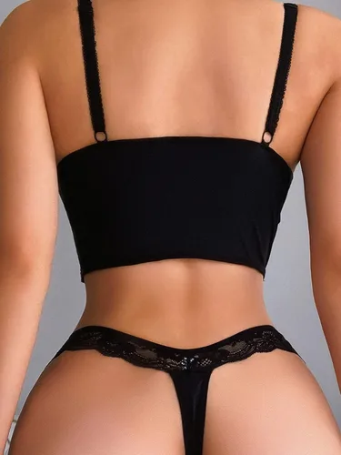 Vista 2 de WDIRARA Conjunto de lencería con aros y lazo de malla floral para mujer