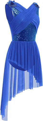 Vista 2 de AFAVOM Disfraz de baile lírico para mujer, vestido de lentejuelas con flores, falda asimétrica de tul fluida, disfraces de danza contemporánea