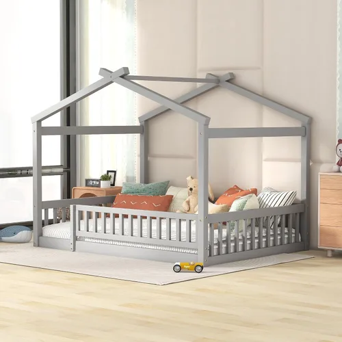 Vista 11 de MERITLINE Cama individual Montessori para niños, marco de cama individual Montessori con rieles y techo, no necesita somier, para niños, Gris