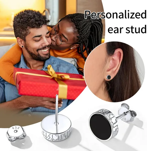 Vista 8 de ChicSilver Pendientes de tuerca de plata de ley 925 con runa vikinga de ónix negro natural para mujeres y hombres