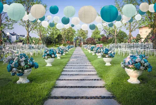Vista 2 de UNIQOOO Juego de 18 faroles de papel azul océano para decoración de fiesta de boda, suministros de decoración de faroles japoneses colgantes, fácil