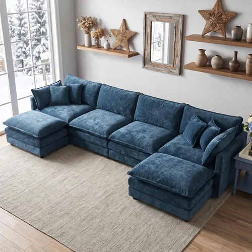 Vista 52 de Sofá individual modular de chenilla con otomana, sofá nube con almohada, color beige