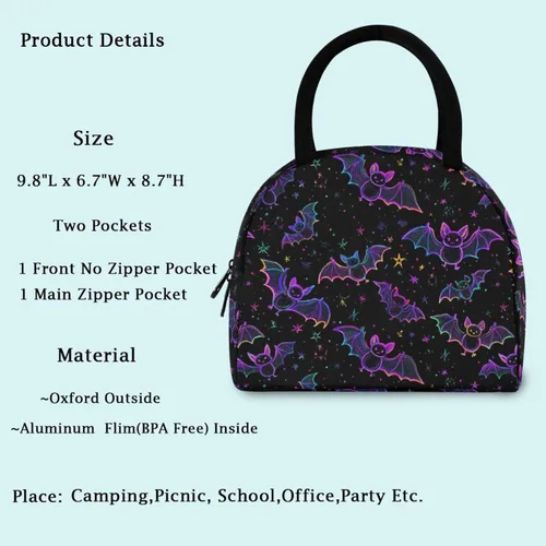 Vista 2 de Bolsa de almuerzo reutilizable para Halloween, colores arcoíris, murciélagos, estrellas, bolsa térmica aislada para el regreso a la escuela