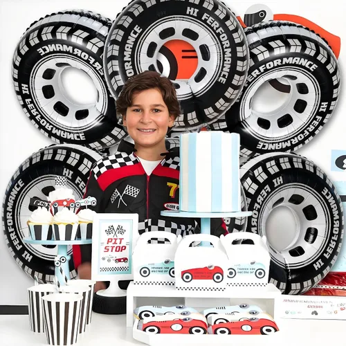 Vista 6 de 6 globos de aluminio para neumáticos de auto de carreras, globos reutilizables de 30 pulgadas con cinta, puntos de pegamento y pajilla, decoraciones
